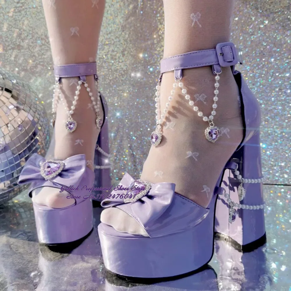 

Women Lavender Purple Strange Chunky Heel Sandals Big Heart Diamond Beaded Chain Wedding Shoes Platform Butterfly-knot Pumps