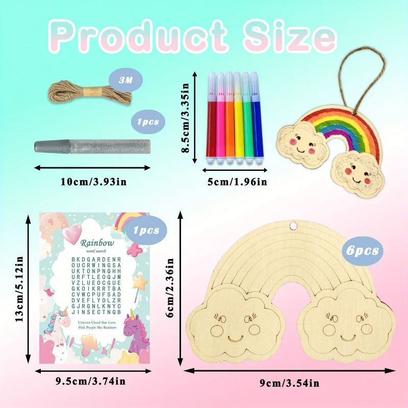 Exquisite DIY Handmade Wooden Rainbow Craft Kit 24pcs with 6Pens 1Rope 2Stickers for Spring Activity