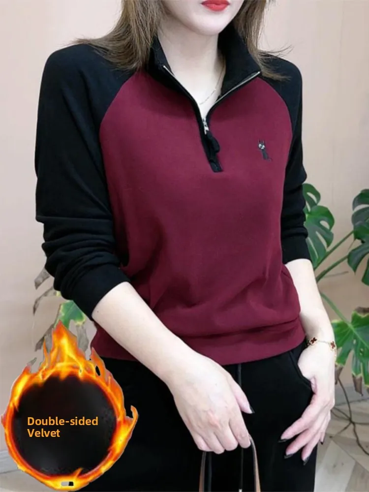 Faionable Double-Sided Velvet Long-Sve Stand Collar Base irt Women's Clothing T-irt Sli Age-Defng All-Match Top