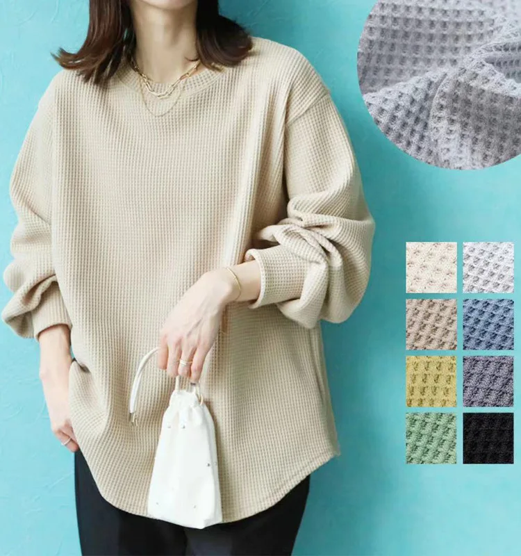 

Новая осенняя женская футболка больших размеров, повседневная элитная рубашка с вафельным узором, однотонная, облегающая, с круглым вырезом, базовая рубашка с длинным рукавом