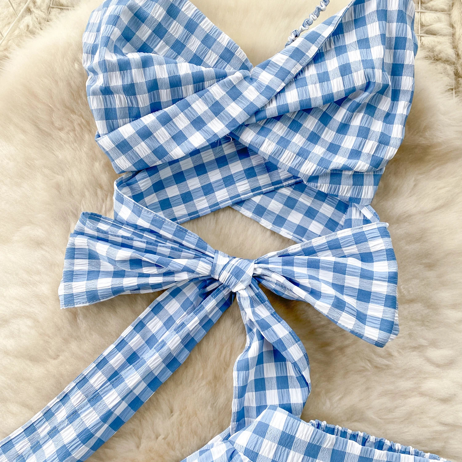 Chic Sexy doux Plaid sans manches dos nu croisé élégant mode française plage décontracté été femmes deux pièces ensemble