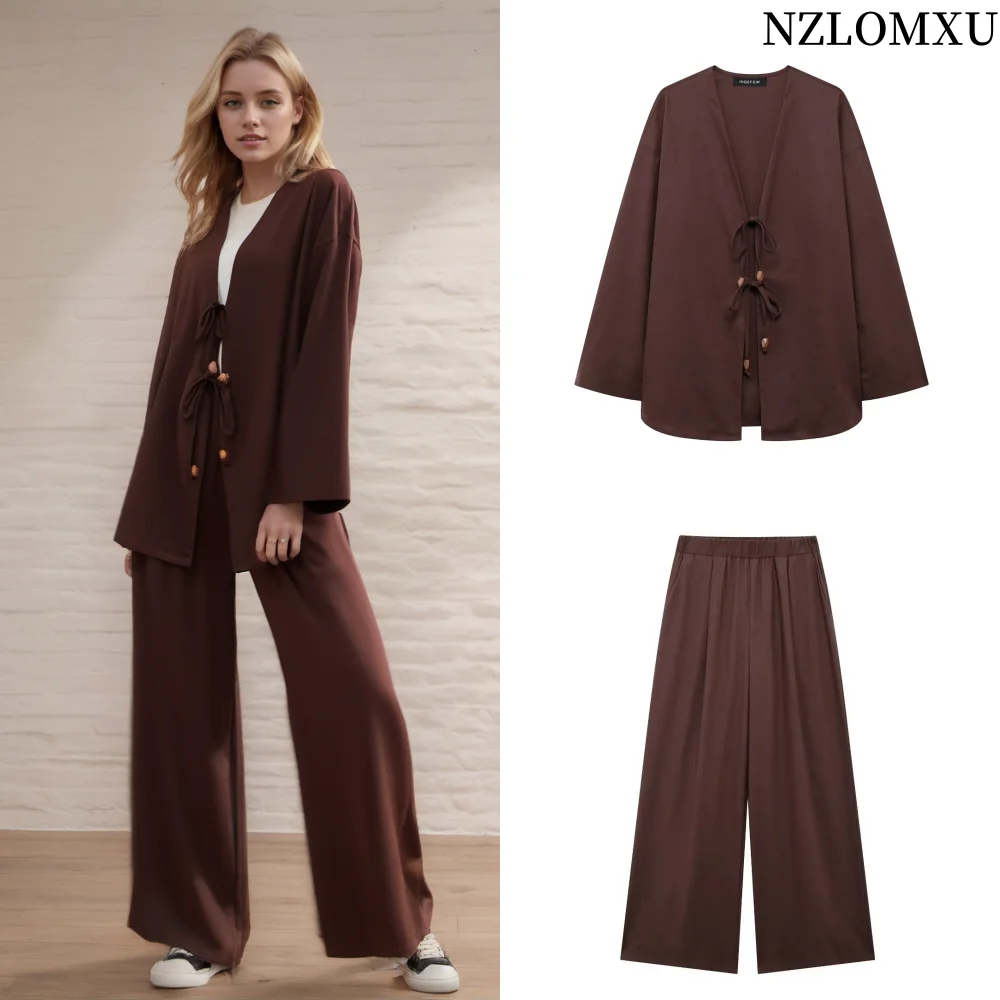 Women Kimono Blouse Pants Sets V Neck Long Sleeve Bow Lace Up Shirt Elastic Waist Trousers Vintage Solid Casual Outfit