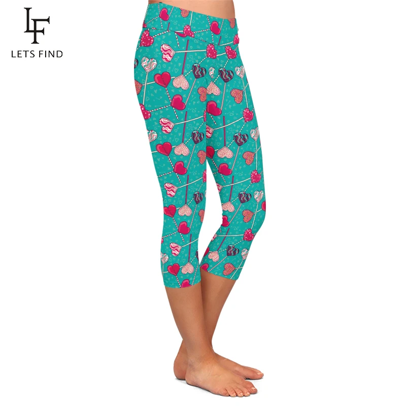 LETSFIND Summer Women Love Candy Print High Waist Capri Leggings Fitness Elastic Mid-Calf 3/4 Leggings