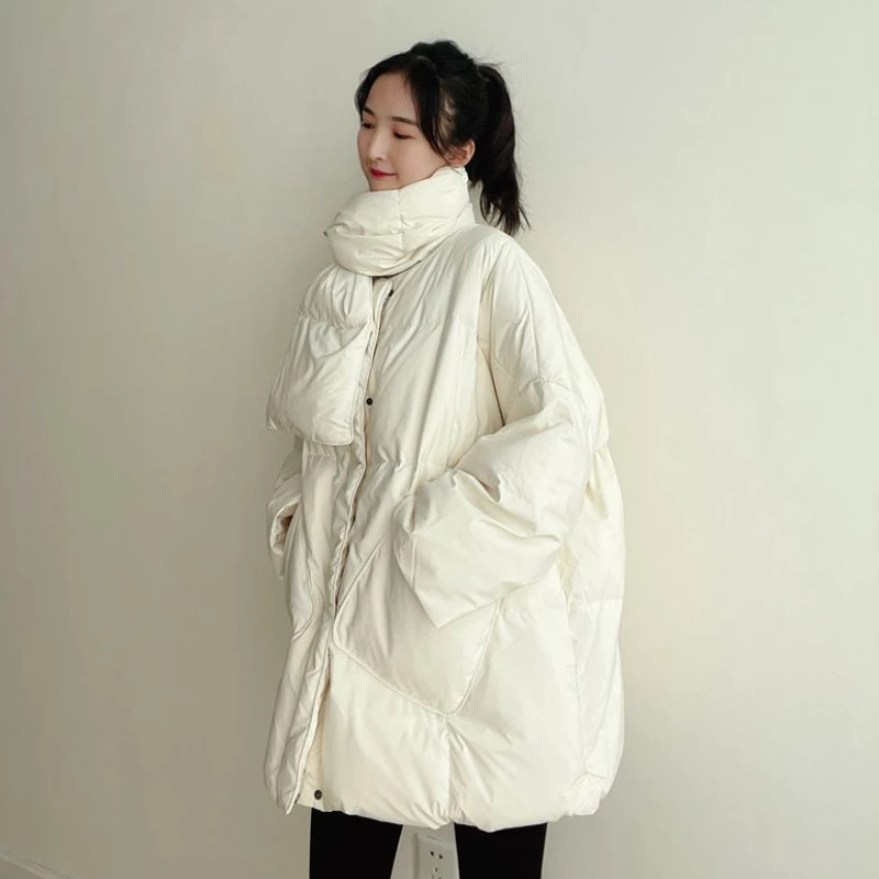 White Parkas Winter Women Big-Pockets Baggy Designer Clothes Pure Color Minimalist All-match Thick Cozy Gentle Girlish Students