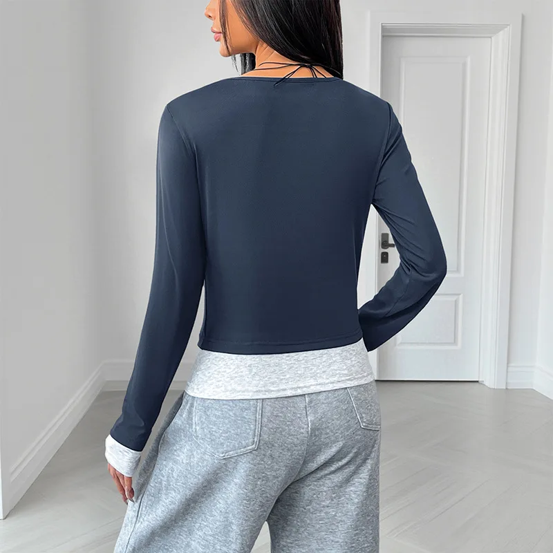 2026 New Cross-border Commuting Casual Lazy Style Round Neck Slim Fit Color Blocked Fake Two-piece Long Sleeved Top for Women