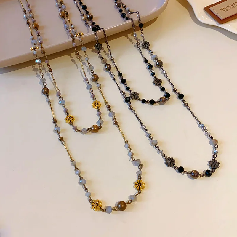 

Bohemian Handmade Glass Bead Flower Stacked Necklaces Vintage Long Tassel Multi Layer Chain Necklace for Women Statement Jewelry