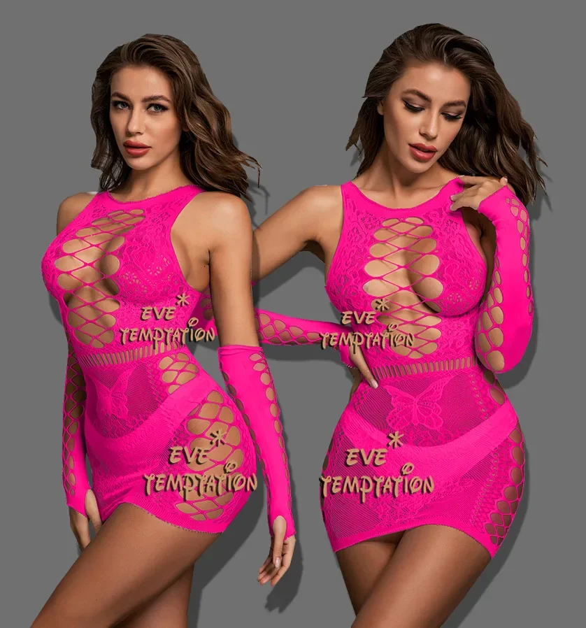 Sexy crochet Fishnet Bodystockings Lingerie Babydoll dress Underwear tassels  Chemises Cosplay Teddies Bodysuits+ gloves Q168