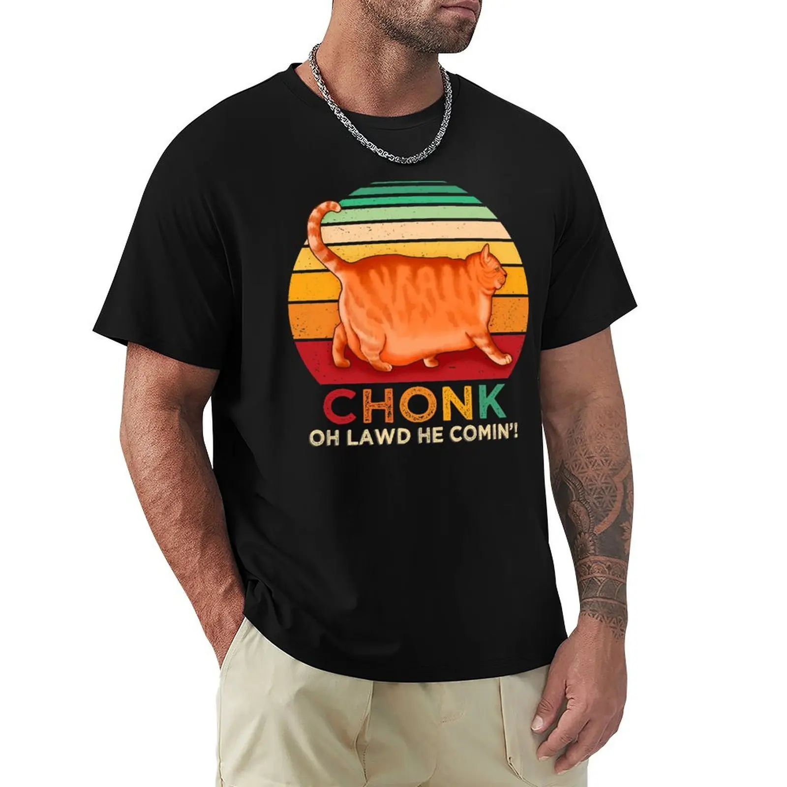 Chonk Oh Lawd He Comin Funny Chonk Cat T-Shirt Daily Casual Short Sleeve Tee Shirt