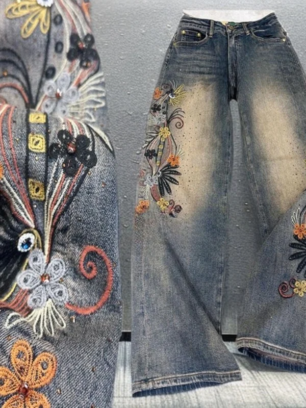 

Fashionable Retro High Waist Embroidered Straight Leg Wide Leg Jeans Versatile Women's Casual High Waist Plant Floral Pattern