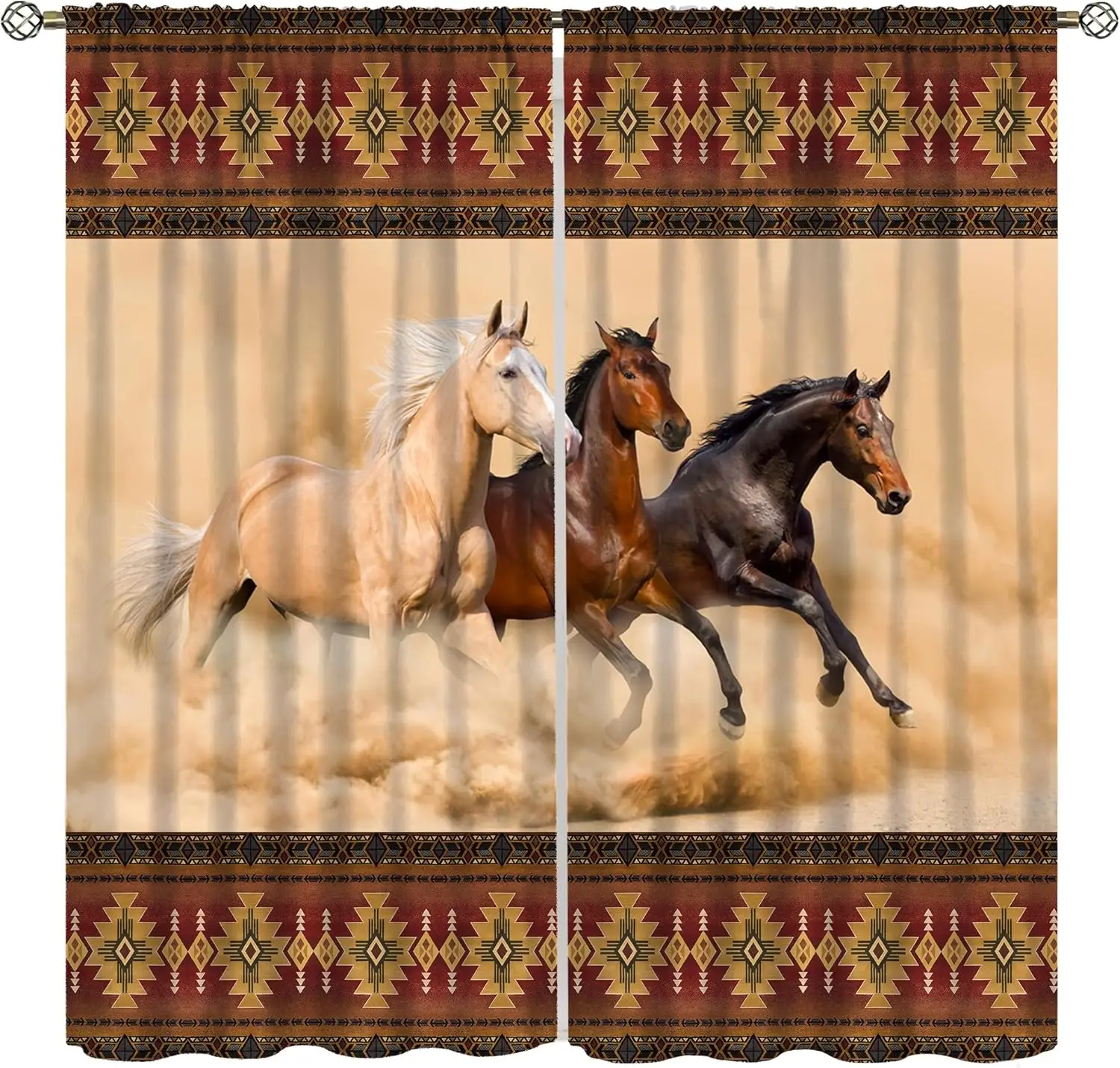 Western Horse Curtains, Vintage Aztec Navajo Nation Tribe Desert Horse Wildlife Decor Windows Treatments, Thermal Insulation