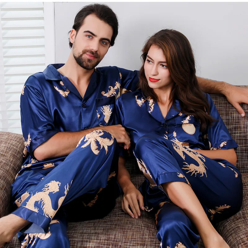 Chinese style Couple Thin Long Sleeve Nightgown Print Silk Satin Pajamas for Men Sleepwear Mens Pajama Set and Women Pajamas Set