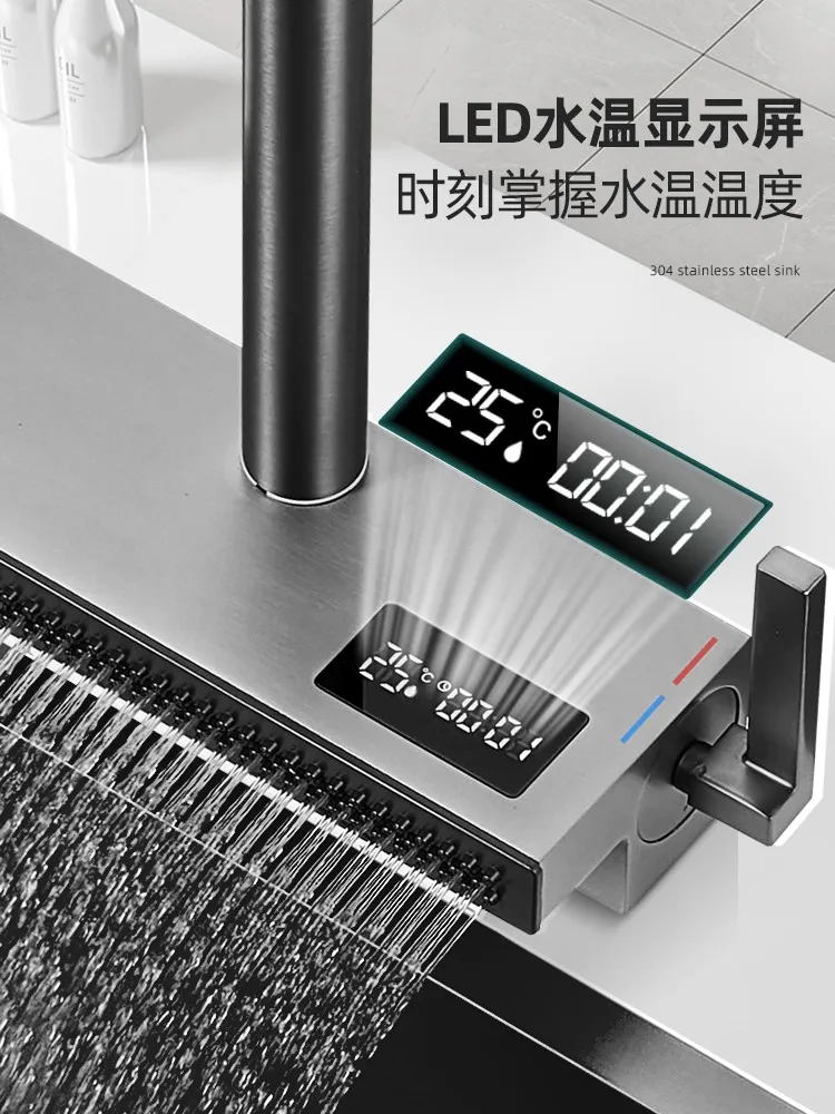 304 stainless steel nano black sink large single slot digital display intelligent waterfall home kitchen