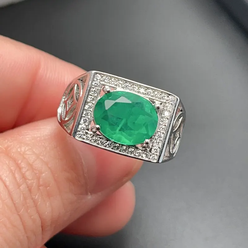 Lab Created Emerald Color Germstone Ring for Men 8mm*10mm Man Made Crystal Silver Ring with Gold Plated 925 Silver Men Jewelry