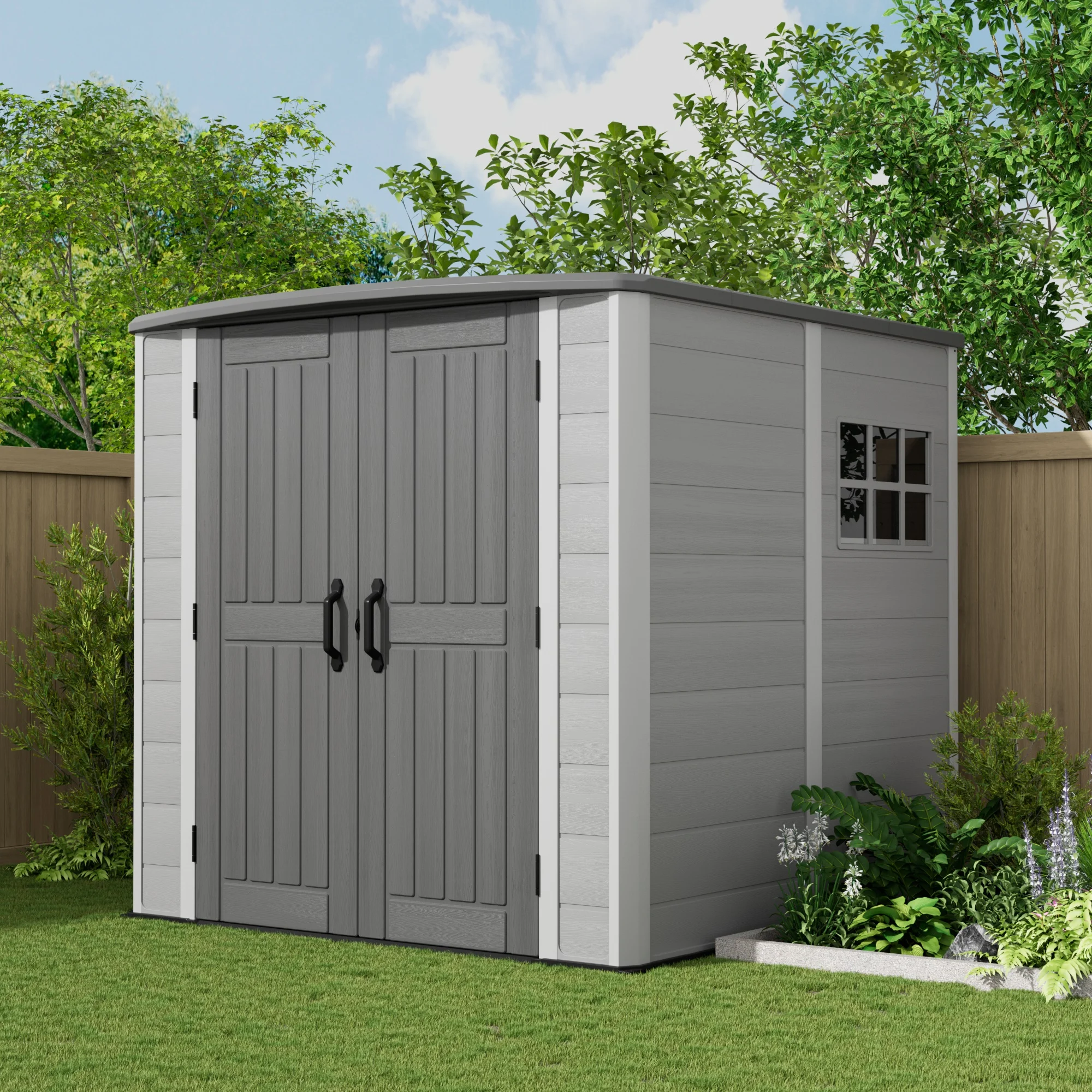 HDPE Outdoor Garden Storage Shed Waterproof UV Resistant Patio Tool Cabinet Double Doors Backyard Lawn Bike Storage House