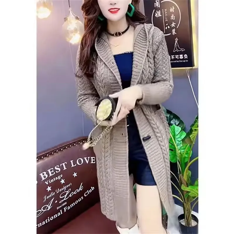 

Korean Medium-length Hooded Wool Knitted Cardigan Coat Women 2025 New Autumn Winter Heavy Jacquard Outwear Sweater Tops Female