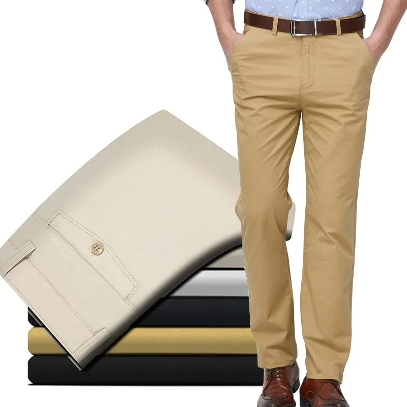 Calça Casual Masculina 100% Algodão, Corte Reto, Chino, Formal, para Escritório, Trabalho, Golfe, Verão, Clássica, Negócios, Caqui, Tamanho 40