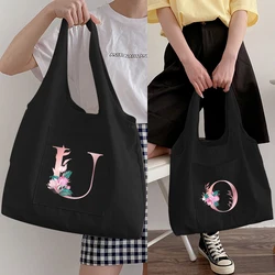 Camellia Letters Woman Large Capacity Waterproof Folding Shopping Bag Eco-friendly Waterproof Travel Grocery Bags Canva Tote Bag