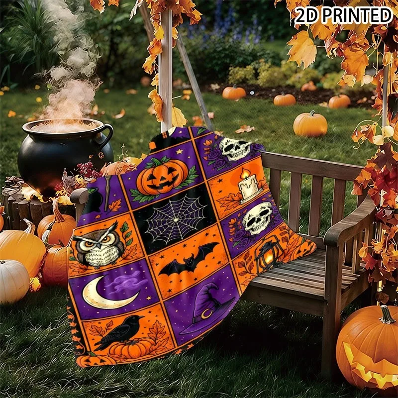 Halloween Themed Grid Print Throw Blanket, Featuring 12 Sections of Classic Halloween Symbols with Purple Orange Black Color Sch