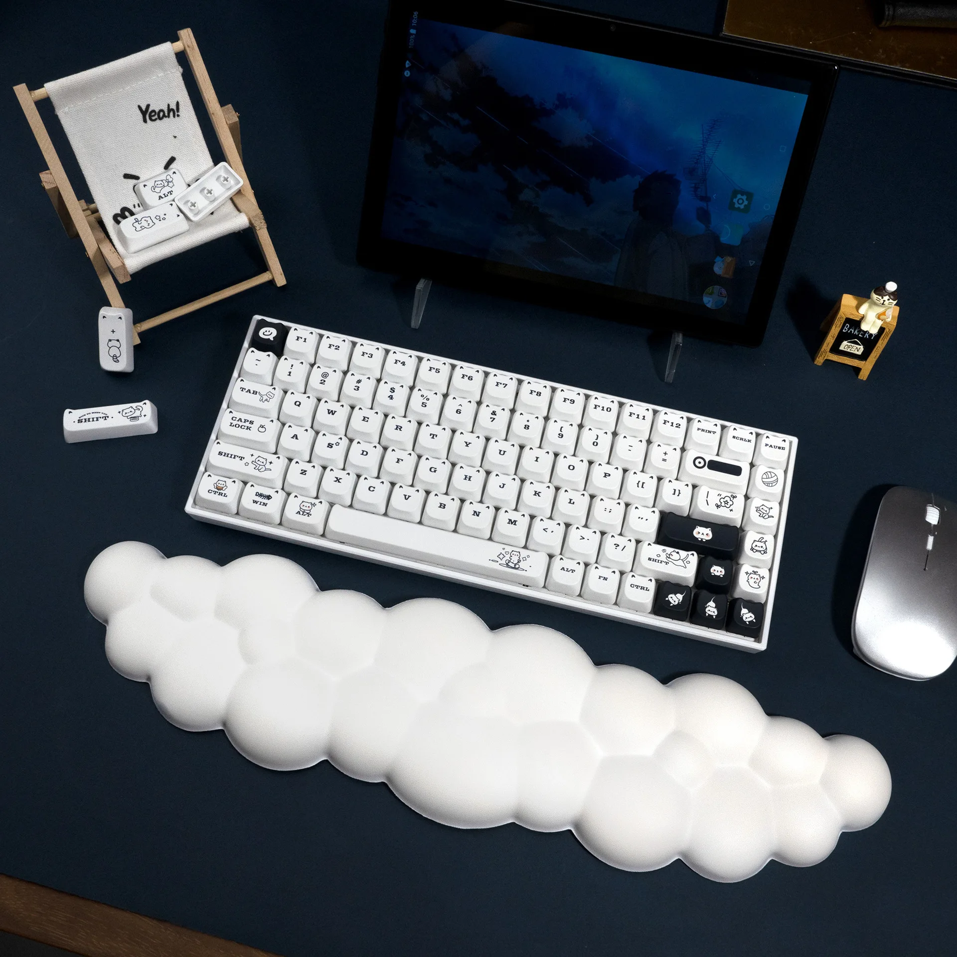 Lindo gato a rayas blancas, pequeño gato de frijol negro, altura MAO, Material PBT, conjunto completo, tapa de teclado mecánico personalizada