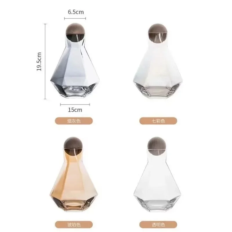 Luxury Diamond Shape Glass Water Kettle with Natural Wood Ball Lid Clear Cold Water Jug Juice Beverage Pitcher Home Drinkware