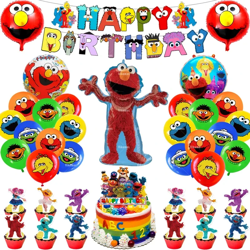 Tema de globo de calle de sésamo, pancarta de feliz cumpleaños, suministros de decoración para fiesta, juguetes, vajilla desechable, fondo, adorno para pastel