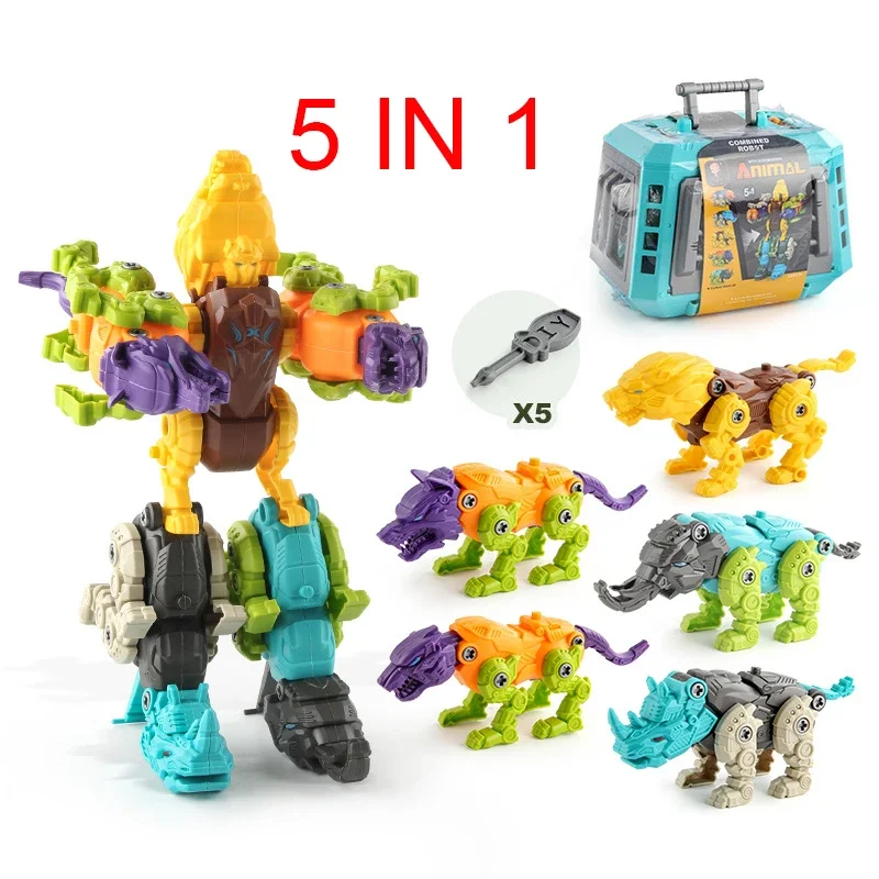 Dinosaur Transformation Robot Constructor Screw Toy, DIY Blocks Set, chave de fenda desmontagem, modelo de brinquedos para crianças, 5 em 1