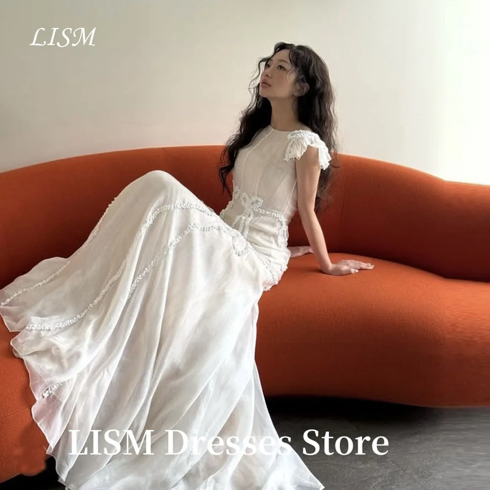 LISM رقبة دائرية على شكل حرف a فساتين زفاف كورية لالتقاط الصور من الشيفون الناعم فساتين زفاف أنيقة لحفلات الزفاف مشدات مخصصة طويلة الطول