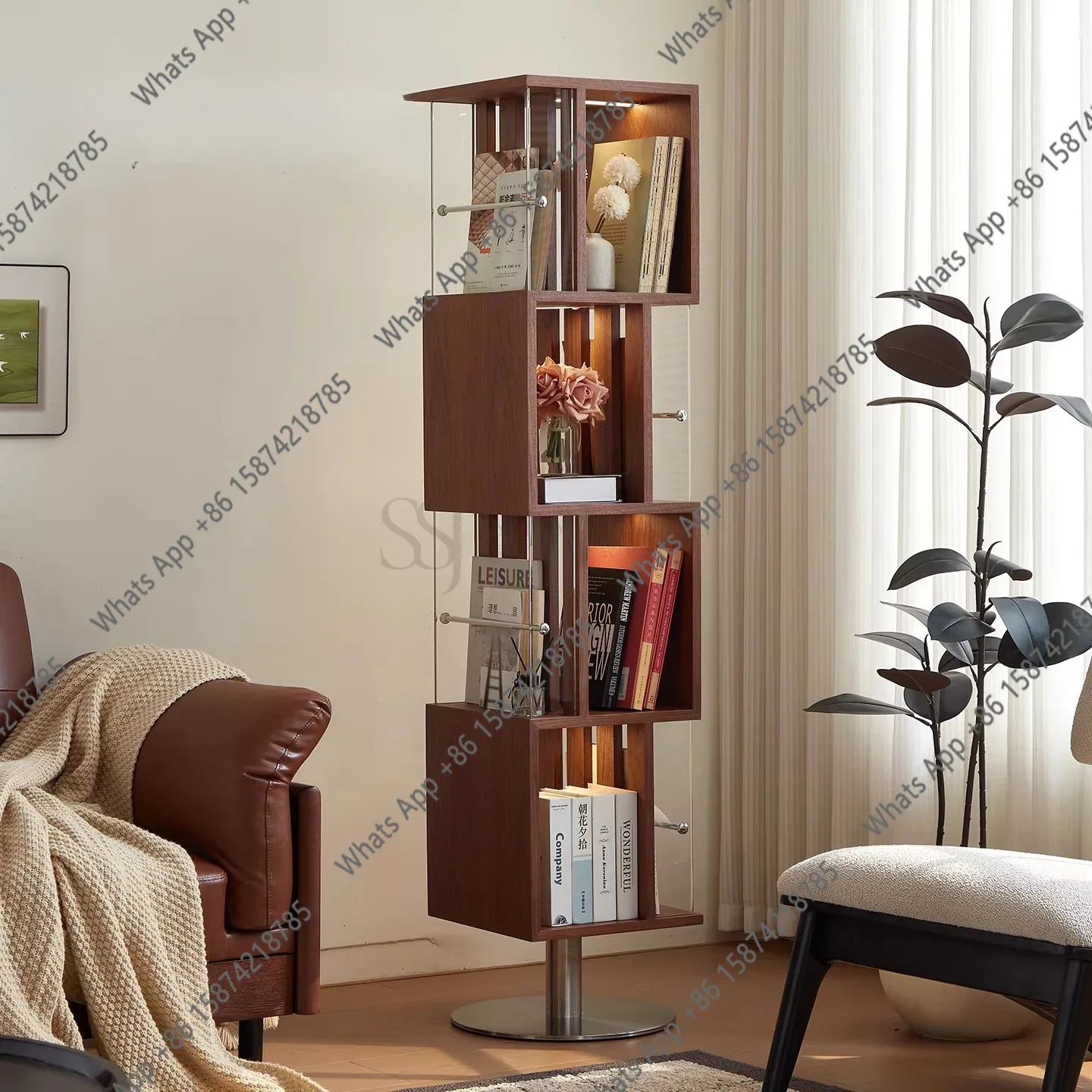 Estantería giratoria negra N68, estantería para sala de estar con luz ambiental, almacenamiento de revistas de madera maciza, librero retro medieval