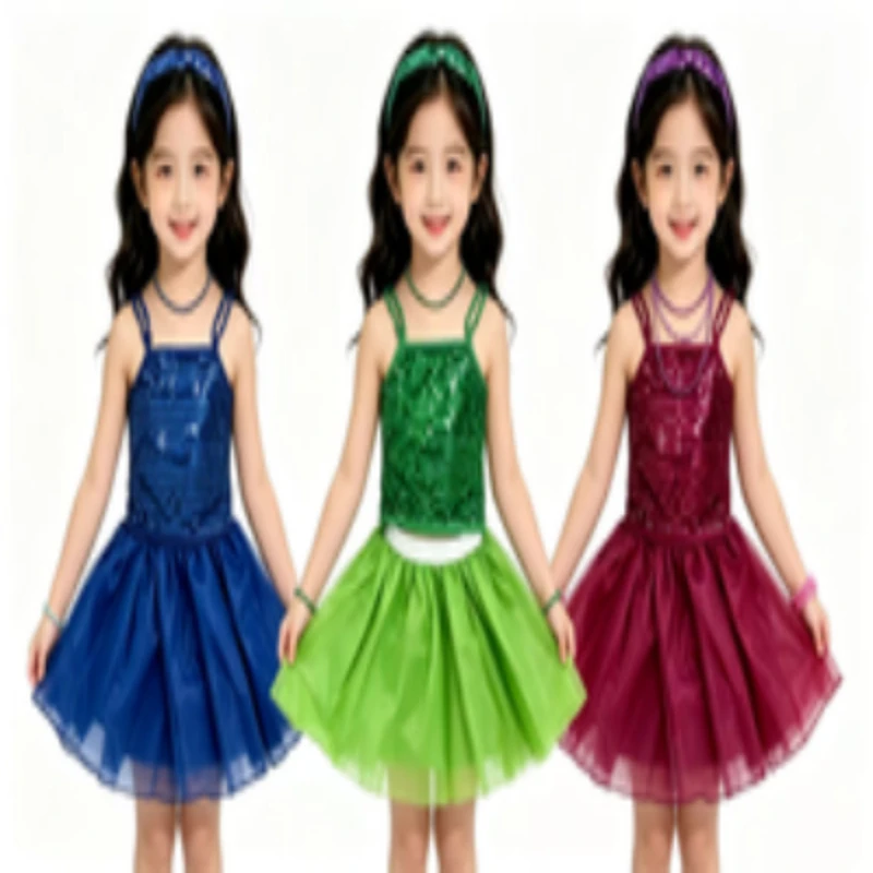 New European Girls Long Sleeve Glitter Dress Iridescent Sequin Princess Outfit Infant One Year Old Celebration Banquet Attire