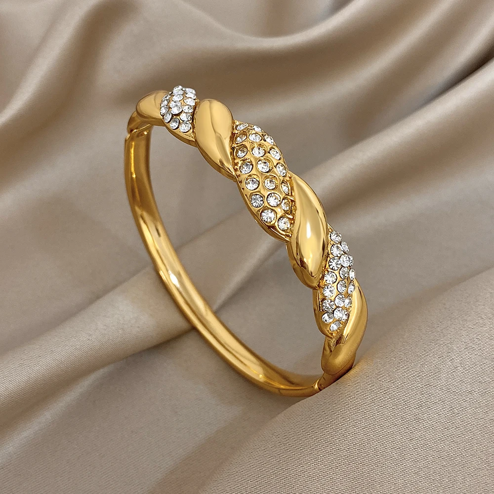 

New Waterproof Stainless Steel Bracelet for Women Retro Geometric Rhinestone Opening Spring Buckle Bangle Party Jewelry Gift