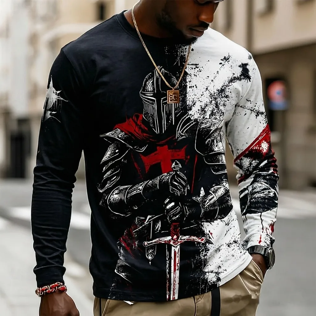 Men Long Sleeve T-Shirt Crusader Knight Sword Print Crew Neck Vintage Street Casual Tops