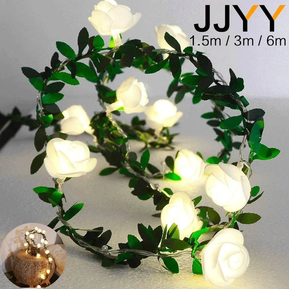 JJYY 1,5 M/3 M/6 M ratán alrededor de rosas decoración cadena de luces hoja verde rosa luces Navidad decoración de jardín luces