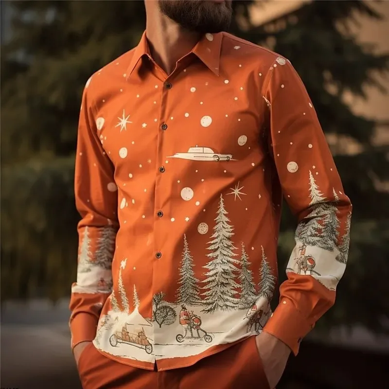 Santa Claus New Year Long Sleeve Shirt Festive Casual Men's Shirt Loose Lapel Cardigan Top Men's Christmas Shirt