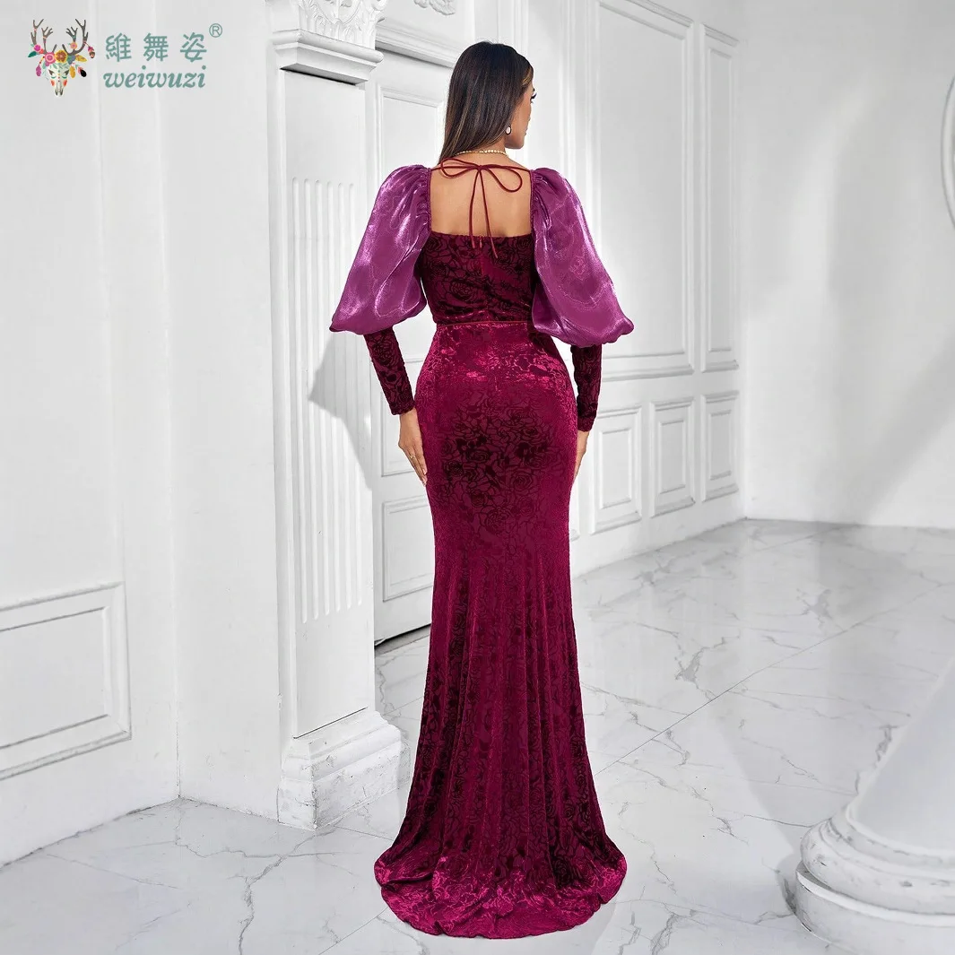 秋と冬の新パープル恋人ネックライン長袖バブルスリーブイブニングドレスフラワープリントスリムフィットボールドレス