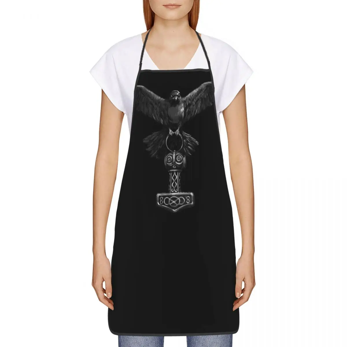 Vikings Odin Raven With Thor Mjolnir Hammer Apron Men Women Norse Odin God Adult Kitchen Chef Bib Tablier Cuisine Cooking Baking