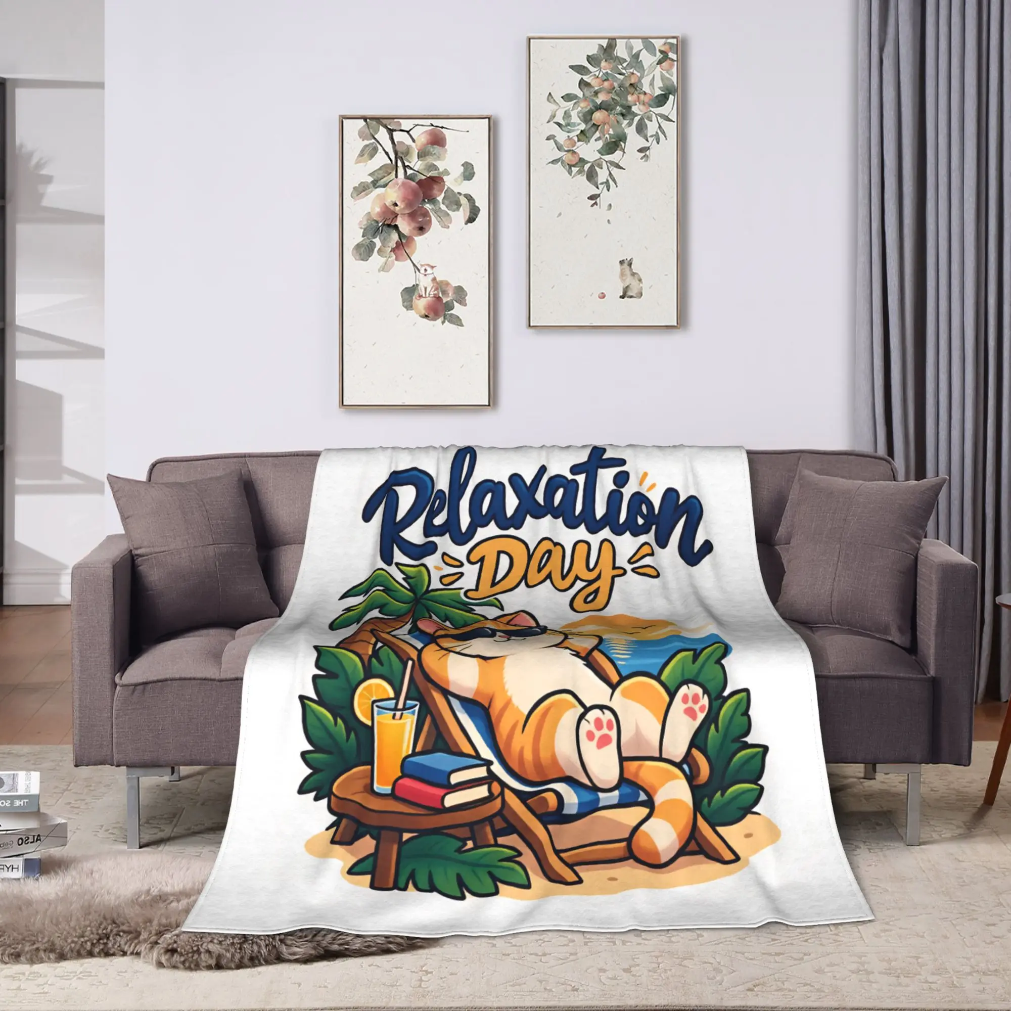 Cute Cat Beach Relaxation Day Vacation Poster Throw Blanket Warm Soft Trend Blanket  For Sofa Home Plane Bedspread Bed Cover