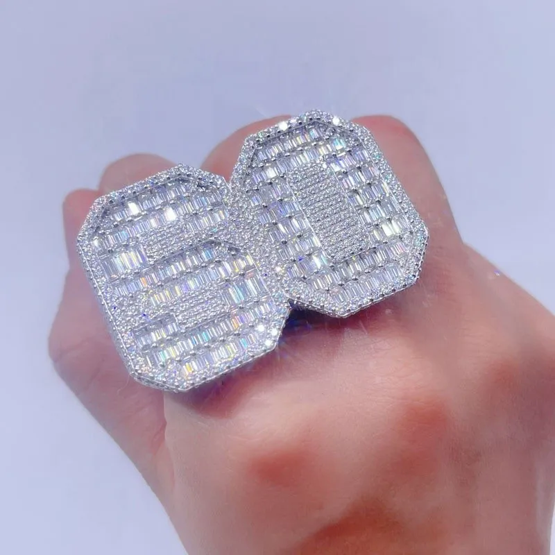 White Gold Sterling Silver Hip Hop Iced Out Vs Baguette Moissanite Diamond Double Finger Ring Custom Name Jewelry Gifts for Men