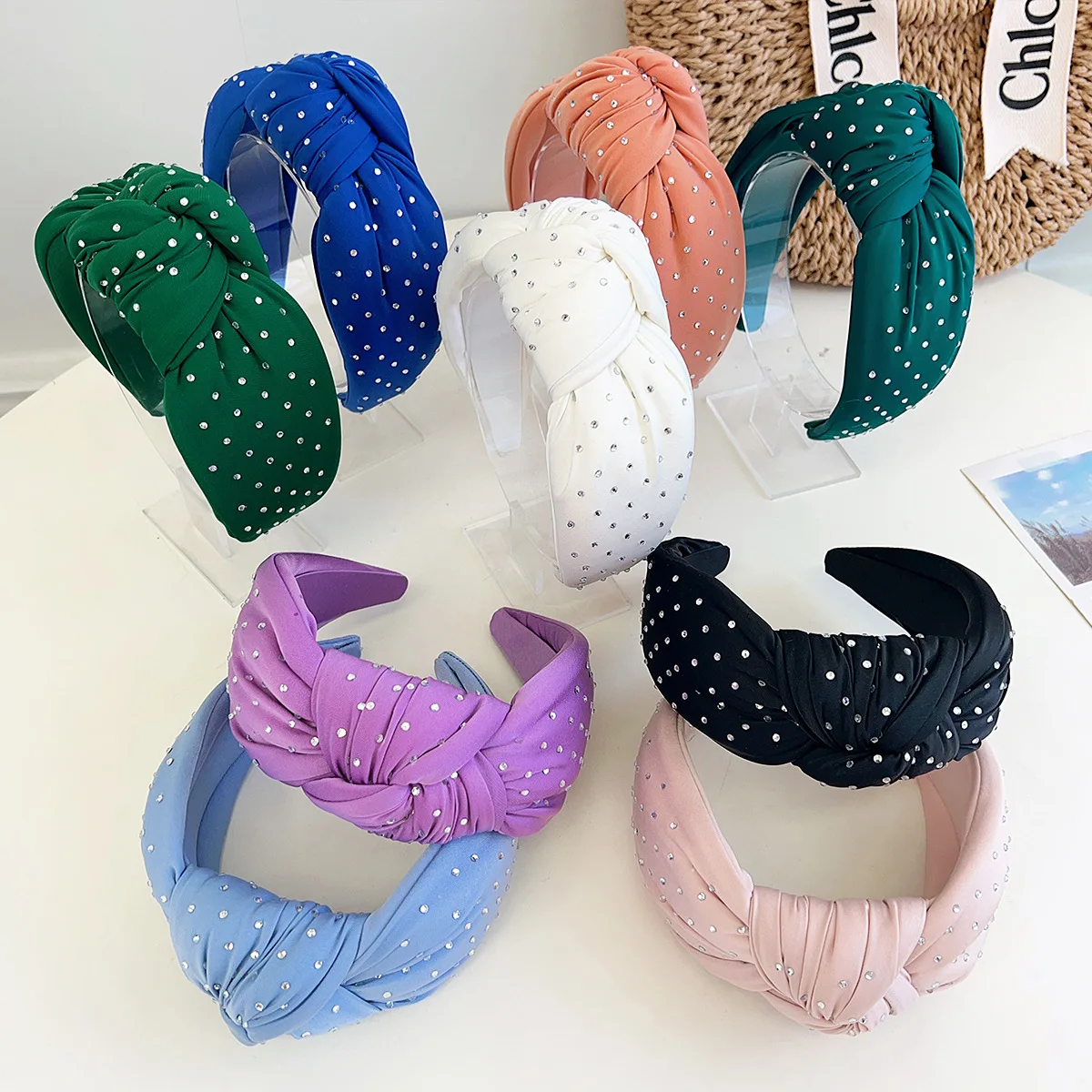 

European and American Fashion Solid Color Fabric Knotted Rhinestone Headband Simple Elegant Hair Accessory