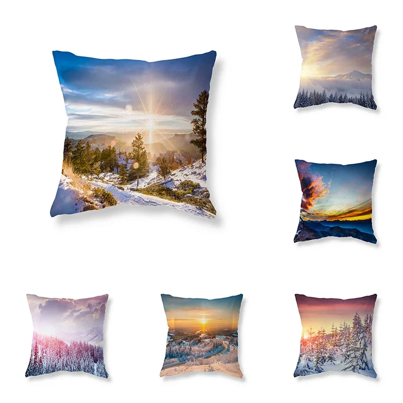 Winter Sunrise Sunset Snow Scene Throw Pillow Cover Sofa Decorative   Chair Cushion  Room Aesthetics Home Decor