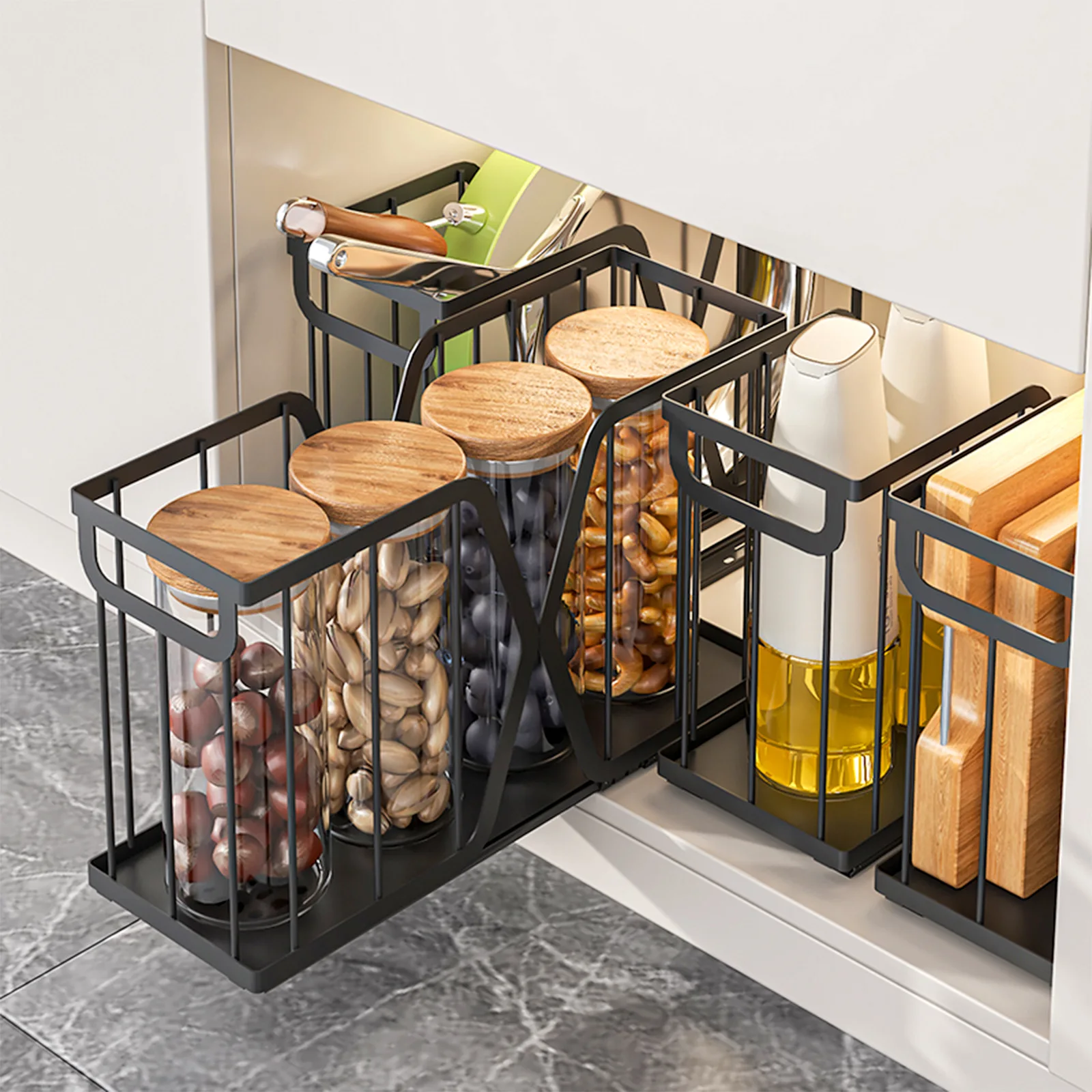 

Multi-functional Kitchen pot storage basket pull-out rack narrow slot sundries spice rack storage sink cabinet pull basket