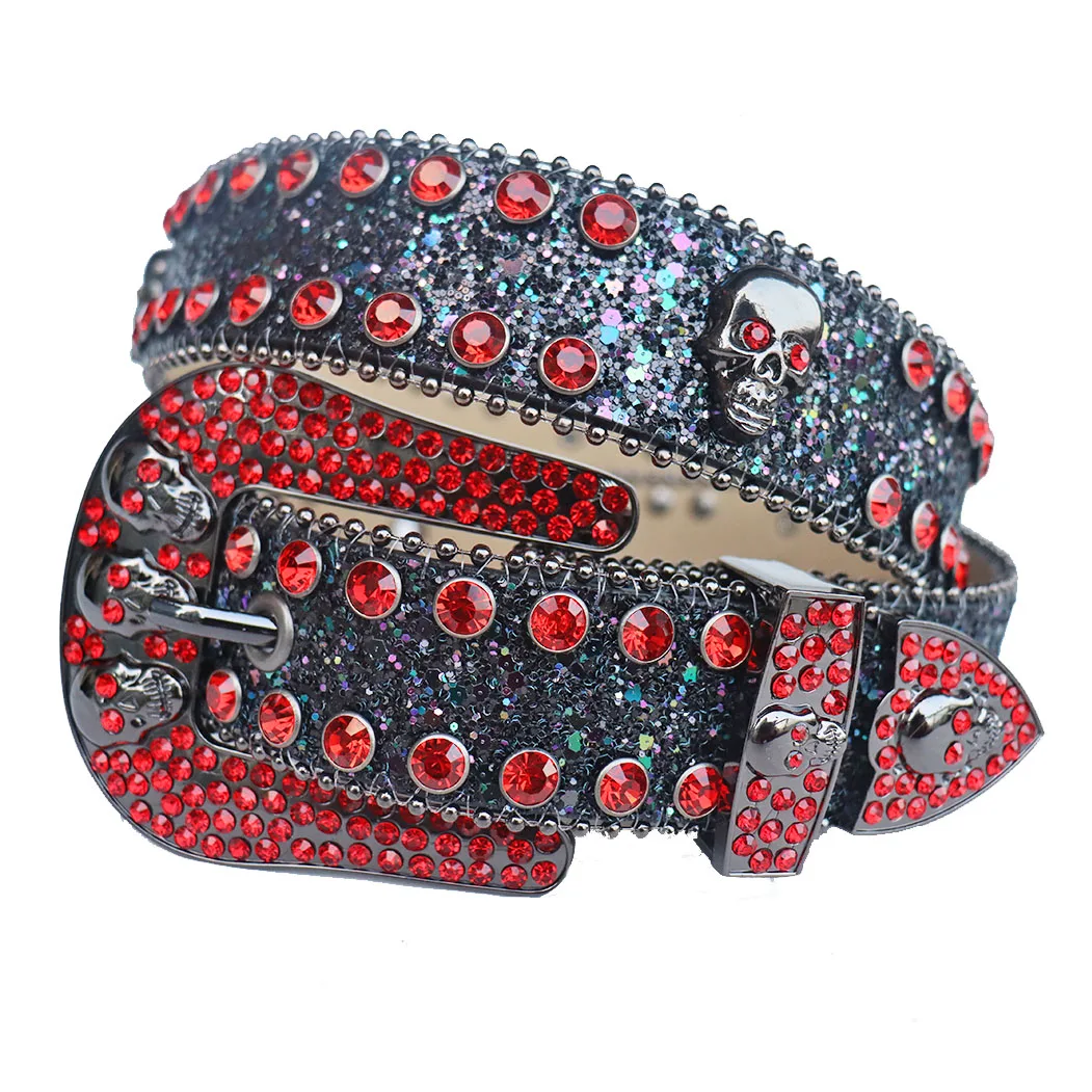 Casual Men Women Unisex Western Cowboy Skull Rhinestone Belt Crystal Studded Diamond PU Leather Belt Dress Jeans