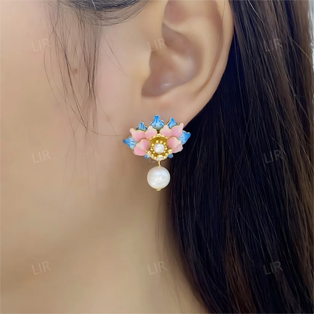 أقراط فضية S925: قطرة من المينا النابضة بالحياة "الفاوانيا الثروة" من اللؤلؤ الطبيعي |   الثروة - الجذب + شهادة المجوهرات