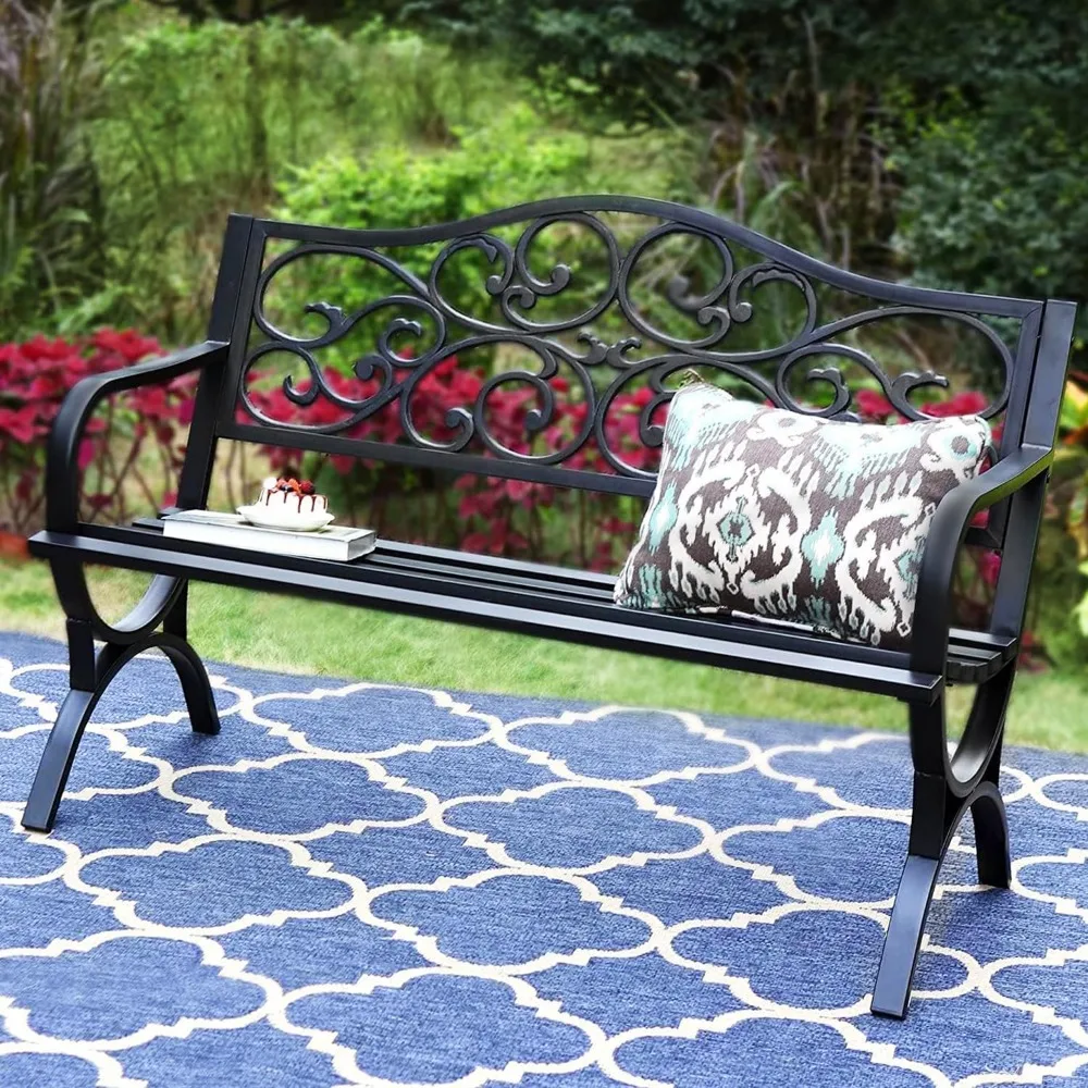 

50-Inch Cast Iron Steel Frame Garden Bench Outdoor Patio Bench Chair w/Floral Design Backrest, Slatted Seat for Park, Yard & Po