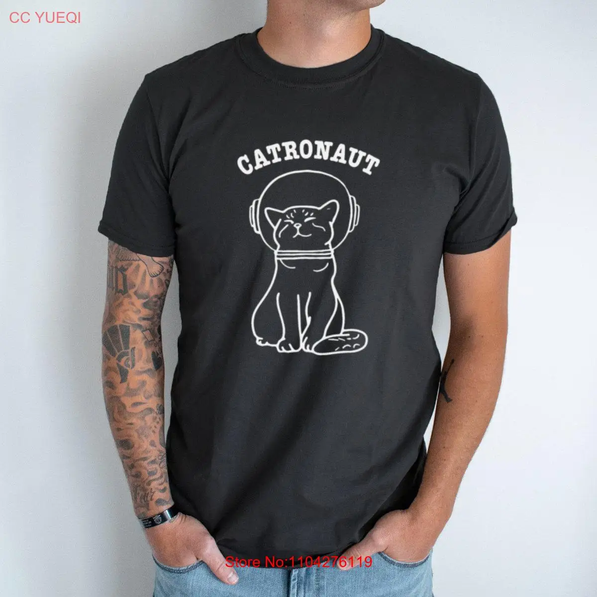تي شيرت Catronaut للرجال رائد فضاء القط في الفضاء بأكمام طويلة أو قصيرة مضحكة