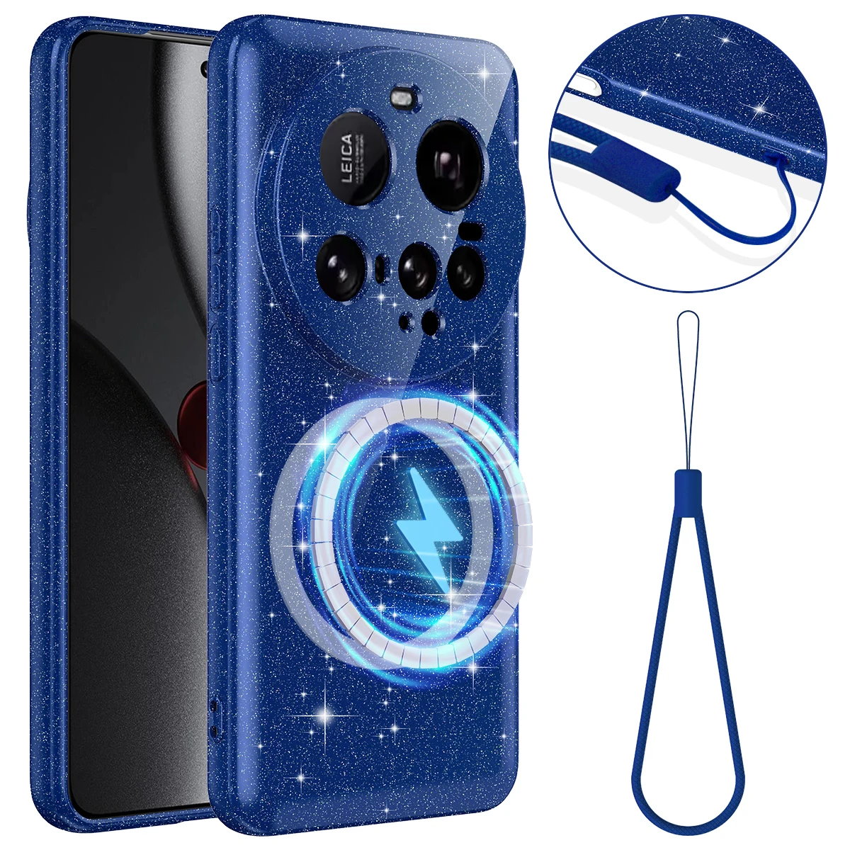 

Shockproof Glitter Wireless Charging Magnetic Case for Xiaomi 15 Ultra, Slim Bling Fleece Camera Protection Phone Cover Lanyard