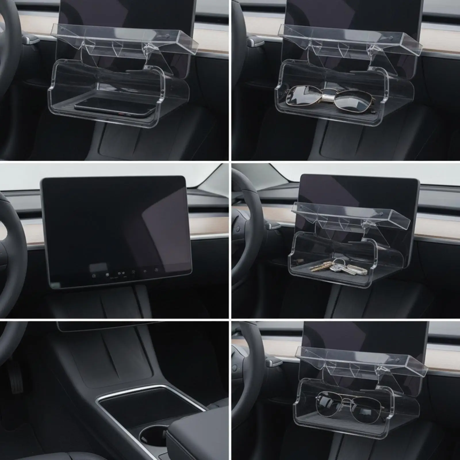 Vehicle Storage Tray for Tesla Model Y Acrylic Center Console Organizer with Ribbed Base and ETC Bracket