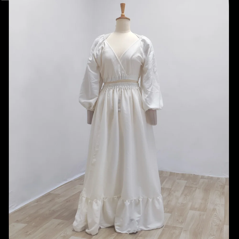 

Maternity Dresses For Baby Showers Soft Cotton White V-neck Lace Up Long Sleeved Ankle Length Dress Photography Dress For Women