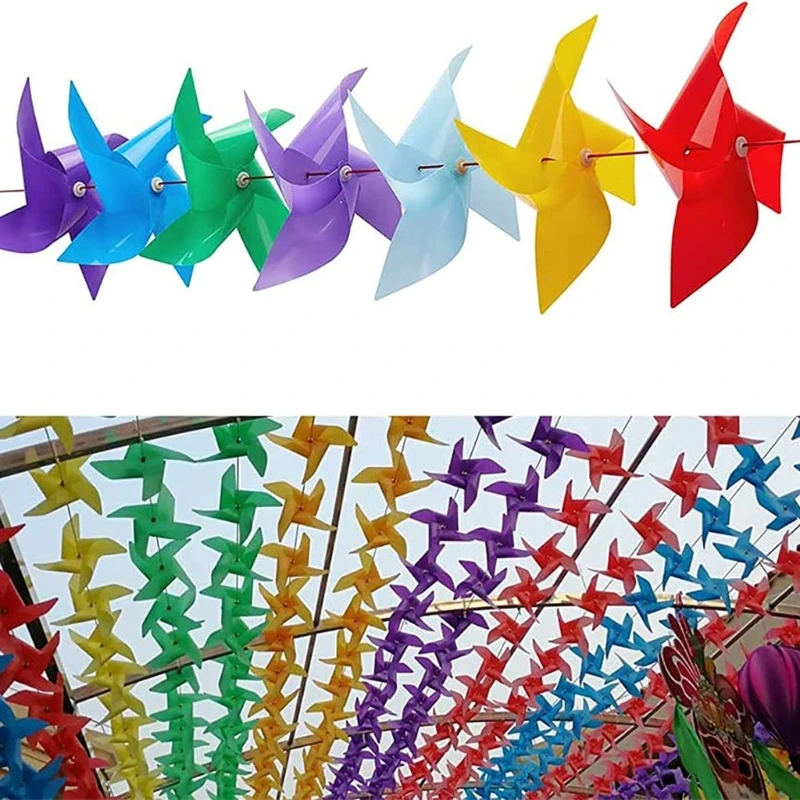 

100pcs Plastic Pinwheels with 30m Wire Rope Fitting Windmill Toy for Yard Garden Outdoor Decorations Wind Spinners Gift