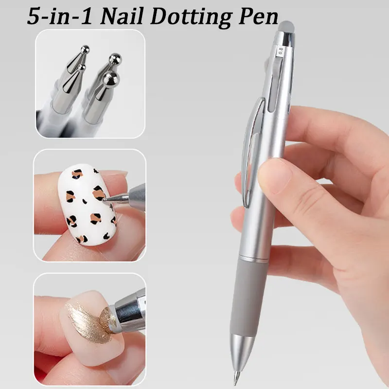 5-in-1 Double-end  Nail Dotting Pen Silicone Chrome Powder Brush  0.8/1/1.6/2mm Size Ballpoint Pen Design Nail Gems Dotting Tool