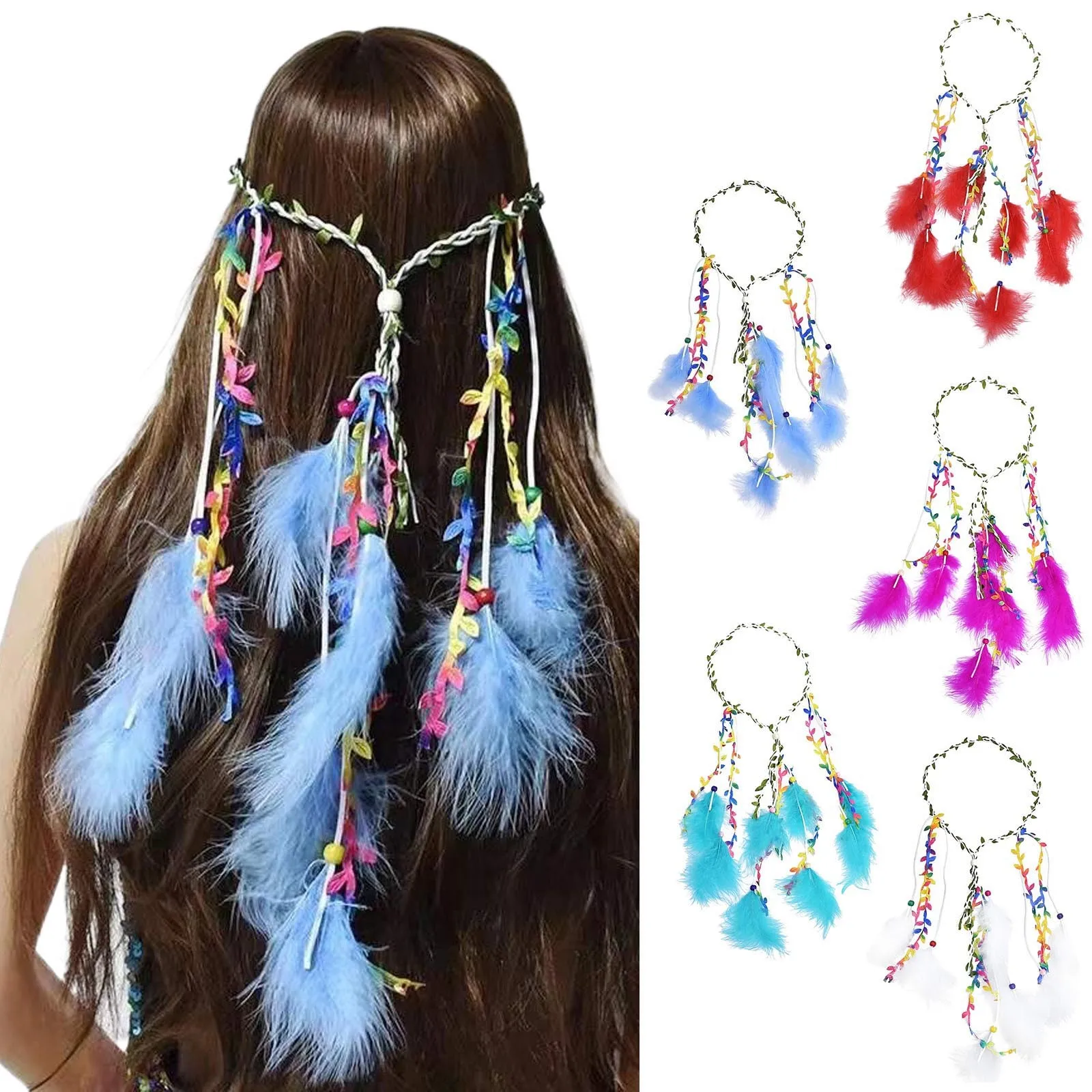 New Fashion Boho Colorful Feather Hair Clip for Women Indian Hippie Headpieces Feather Hair Rope Carnival Festival Headwear